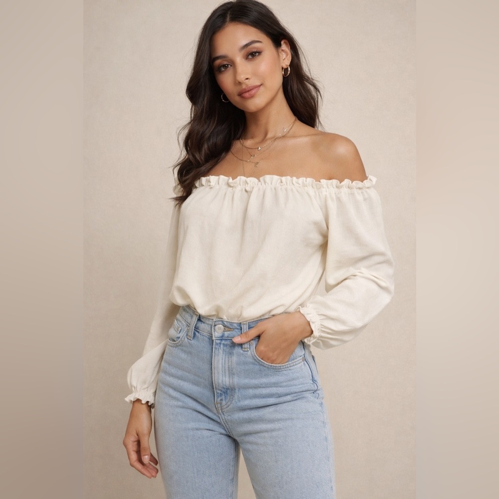 Boohoo EUC gorgeous Cream Off-Shoulder
Ruffle & Blouson waist Bodysuit size 6